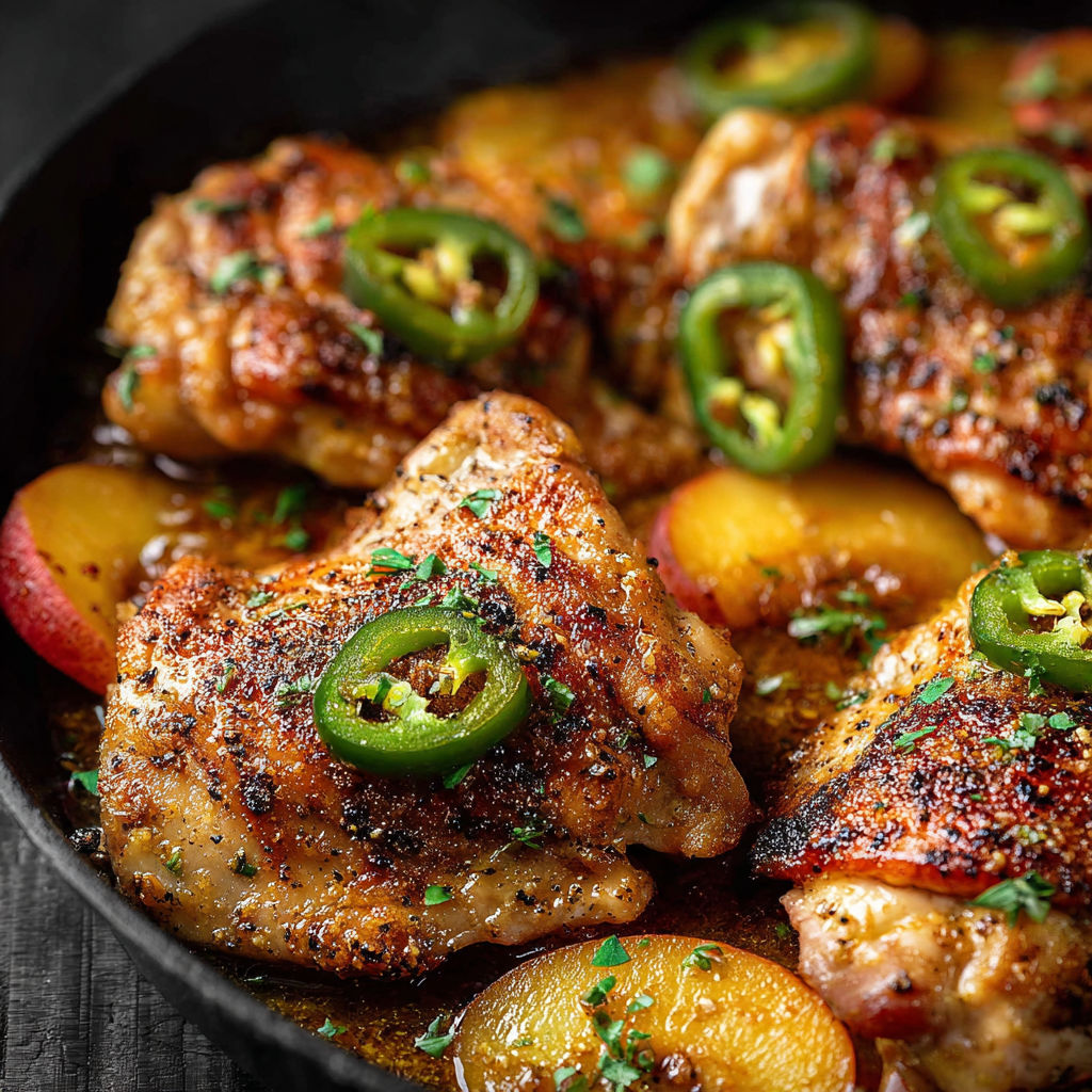 A pan of chicken with jalapenos and peaches.