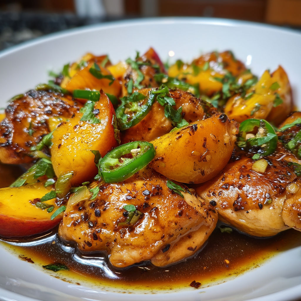 A plate of food with peppers and chicken.