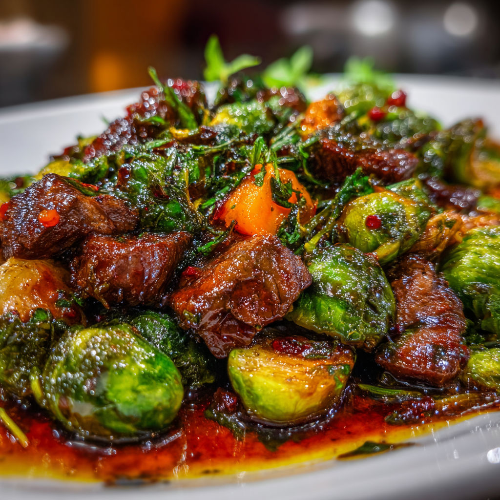 A plate of food with meat and vegetables.