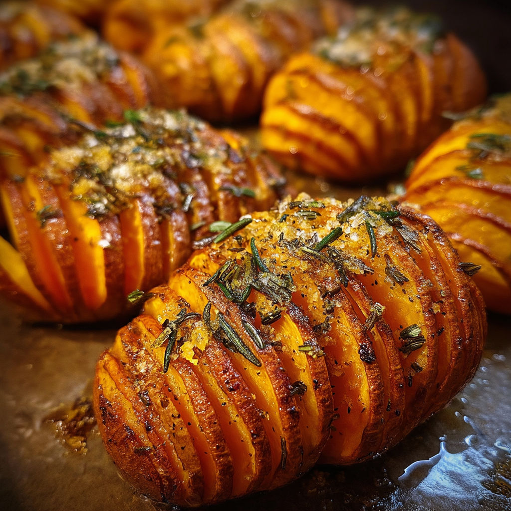 Sweet potatoes with herbs on them.