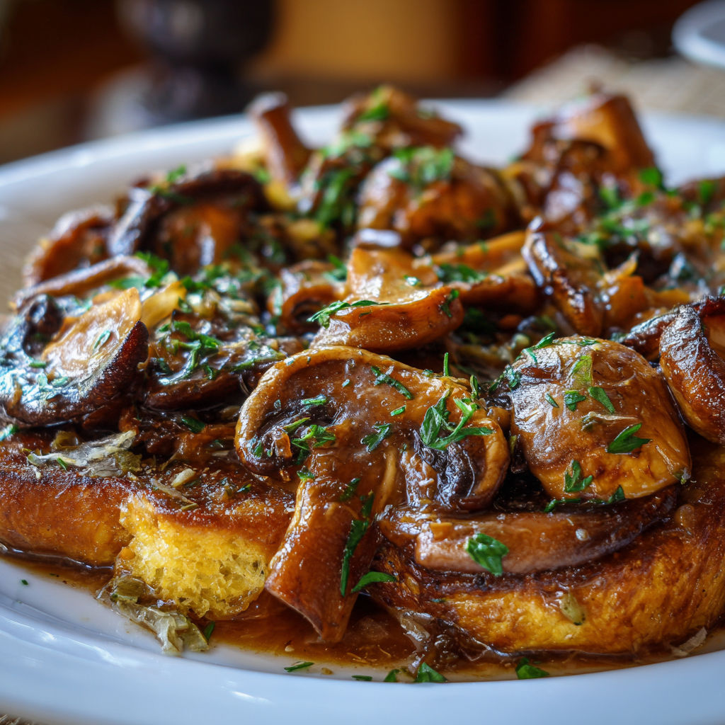A plate of mushrooms with a brown sauce.