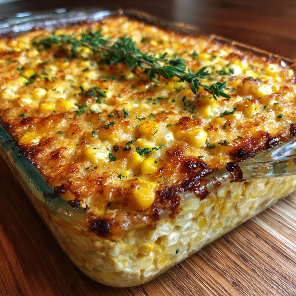 A dish of scalloped corn.