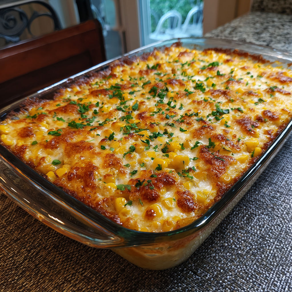 A large glass dish filled with scalloped corn.
