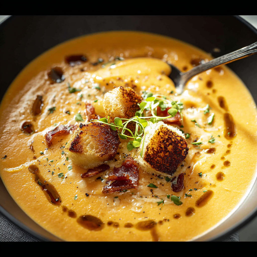 A bowl of soup with a spoon in it.