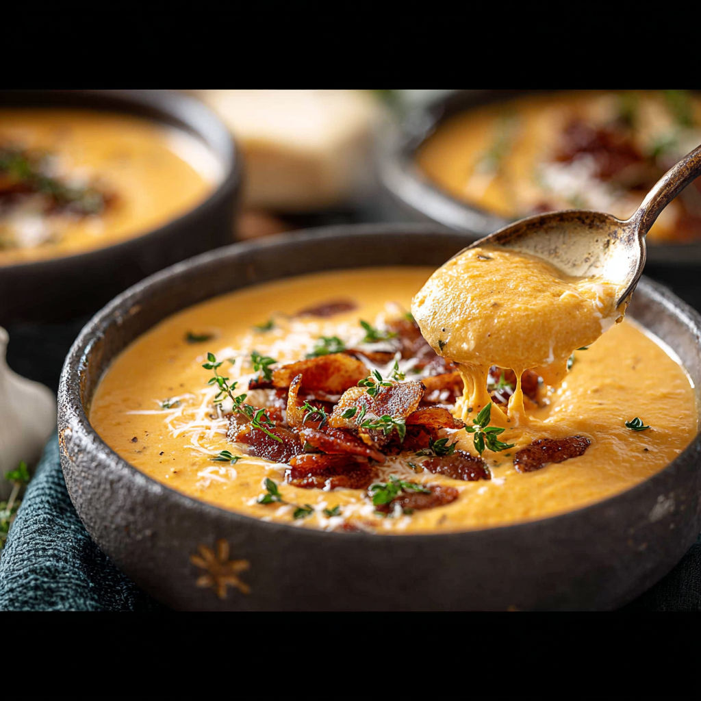 A spoon is in a bowl of soup.