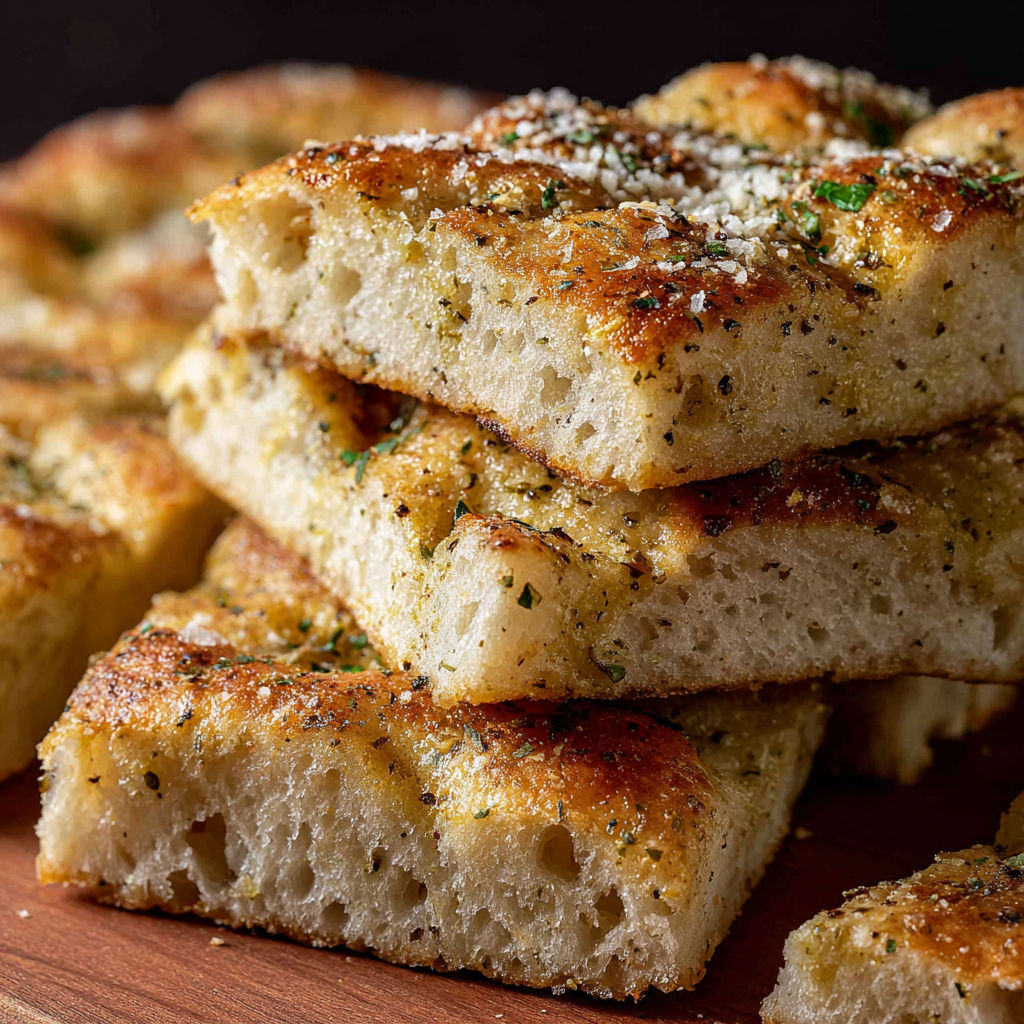 A stack of breadsticks with herbs on top.