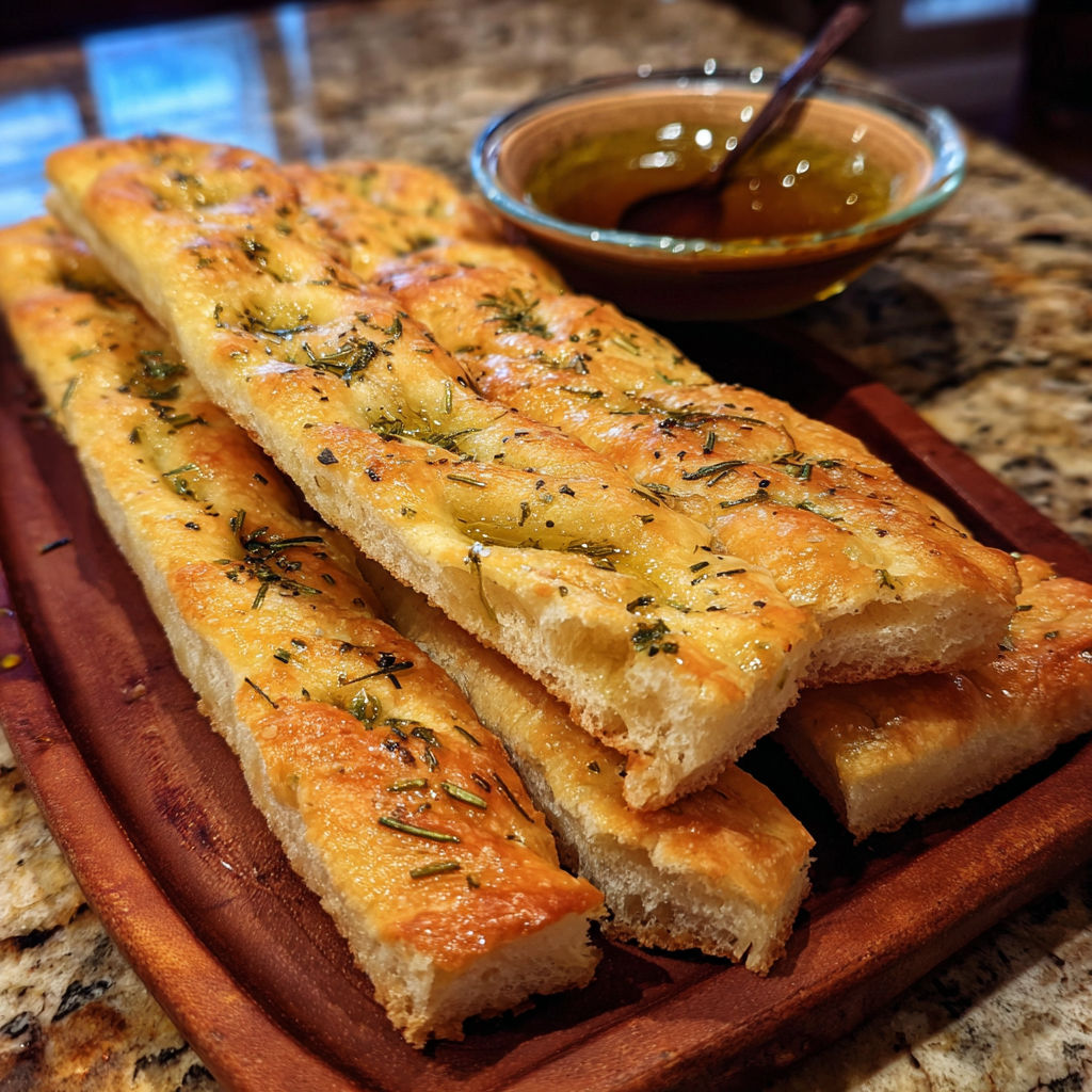 A wooden cutting board with a bowl of olive oil and a loaf of bread.