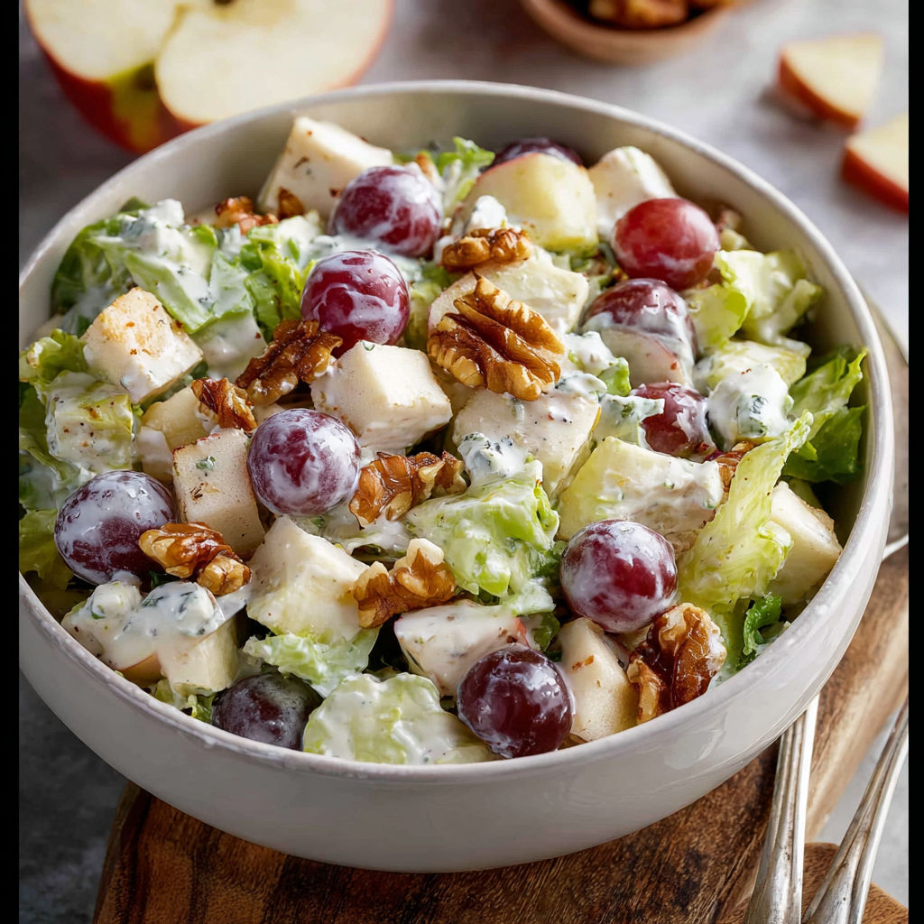 A bowl of salad with grapes, walnuts, and apples.