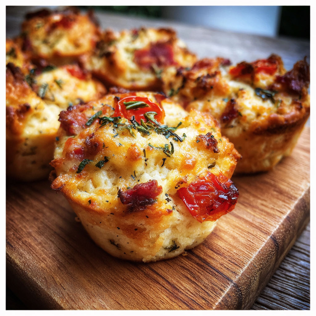 A wooden table with four muffins on it.