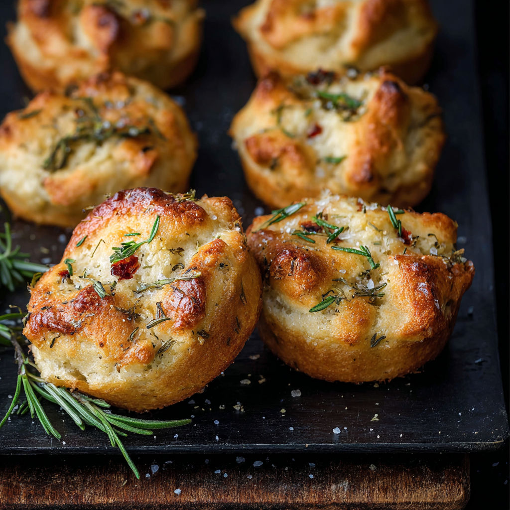 A plate of muffins with herbs on top.