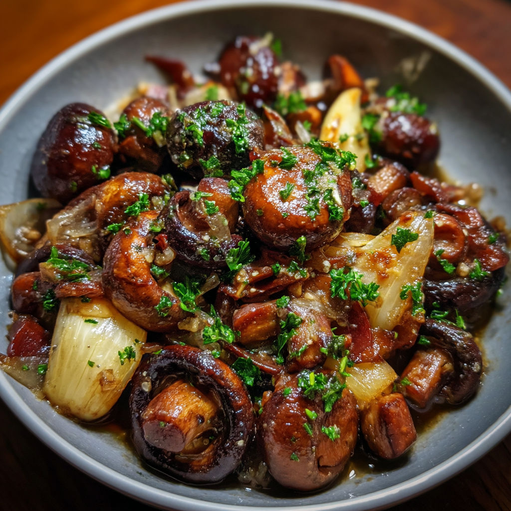 A bowl of food with mushrooms, onions, and other vegetables.