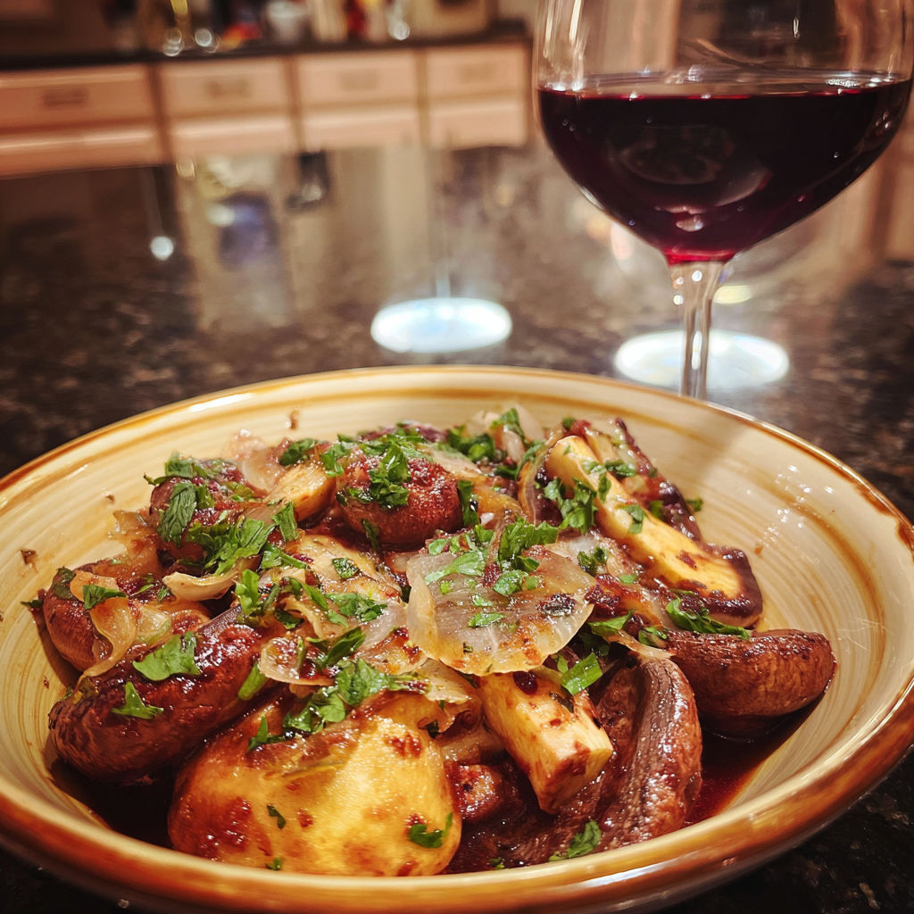 A plate of food with a glass of wine.
