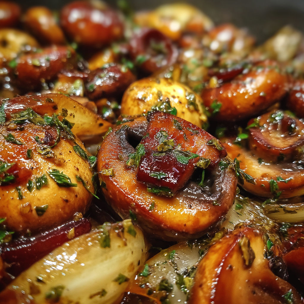 A dish of mushrooms with a brown sauce.