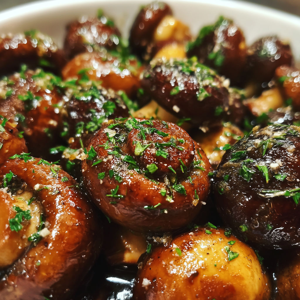 A bowl of mushrooms with herbs on top.