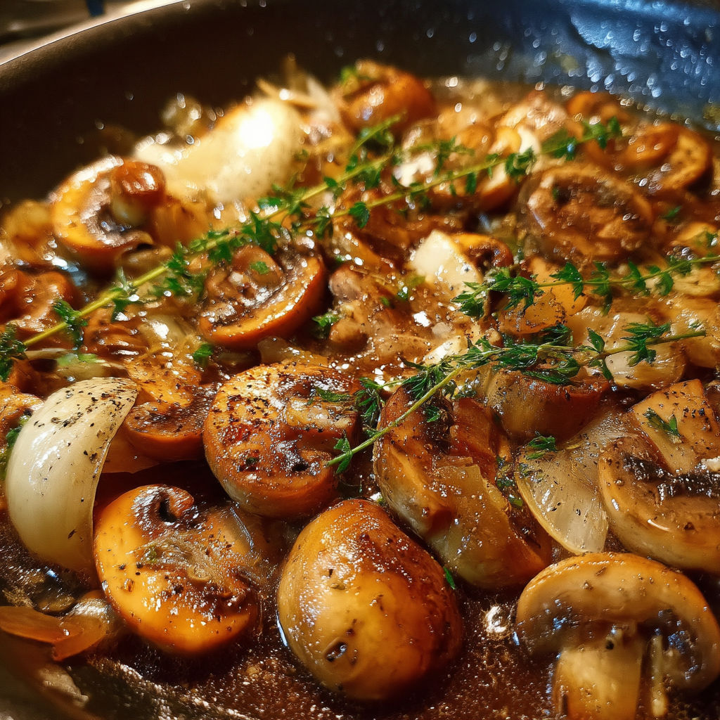 A close up of a pan of food with onions and mushrooms.