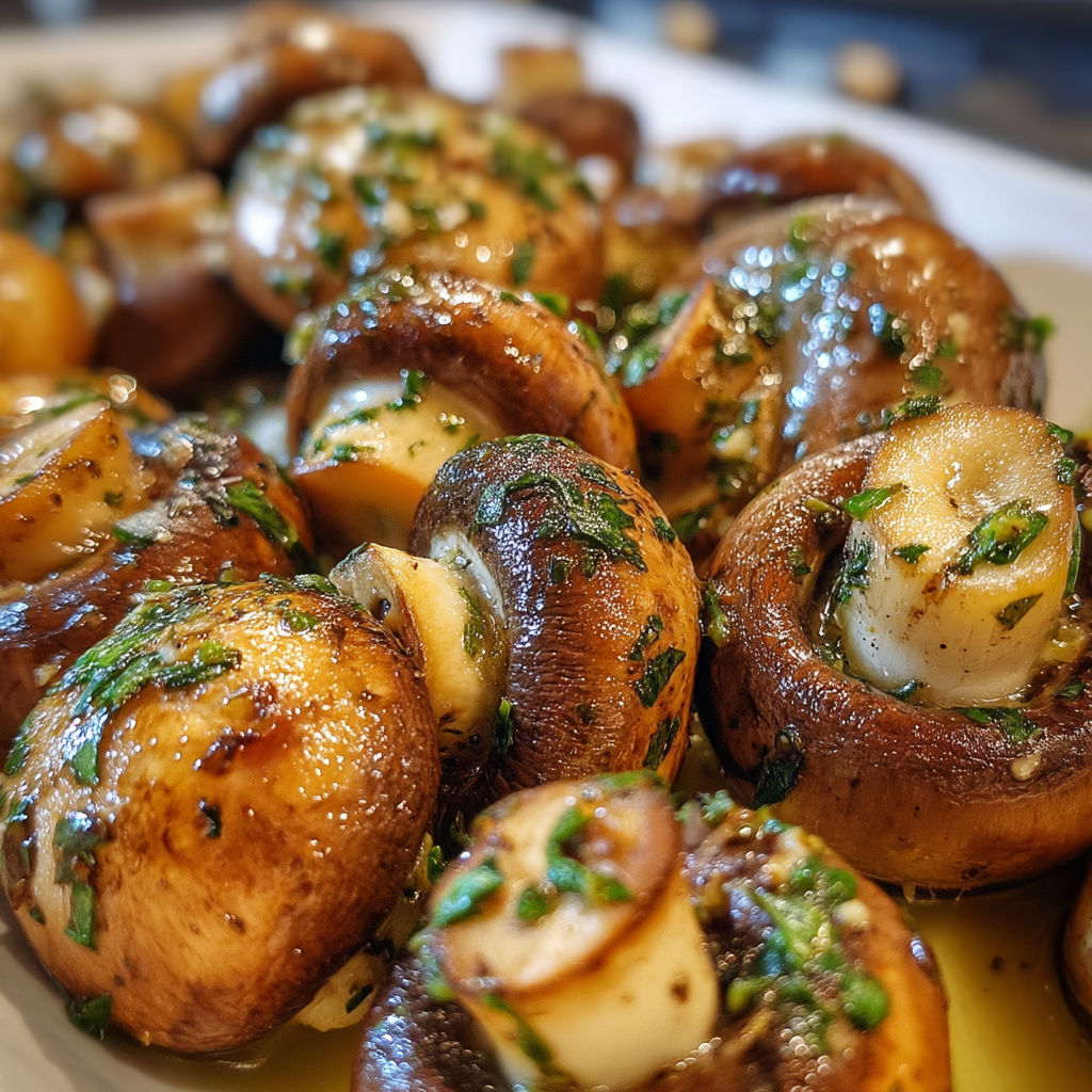 A plate of mushrooms with herbs on top.