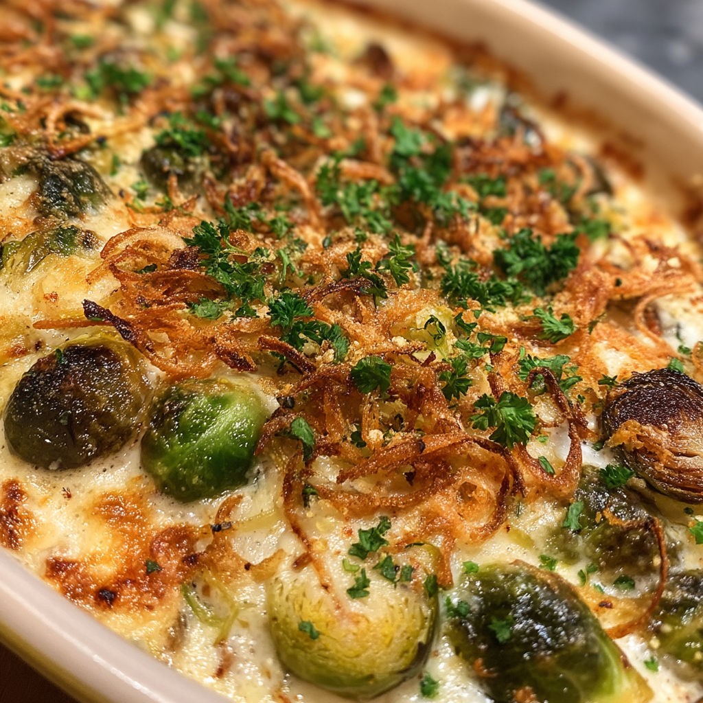A close up of a cheesy brussels sprout casserole.