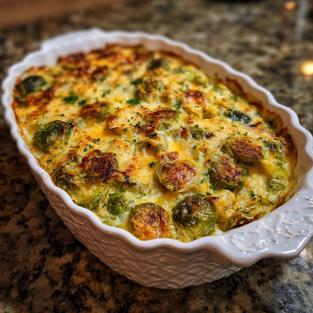 A white bowl filled with a cheesy brussels sprout casserole.