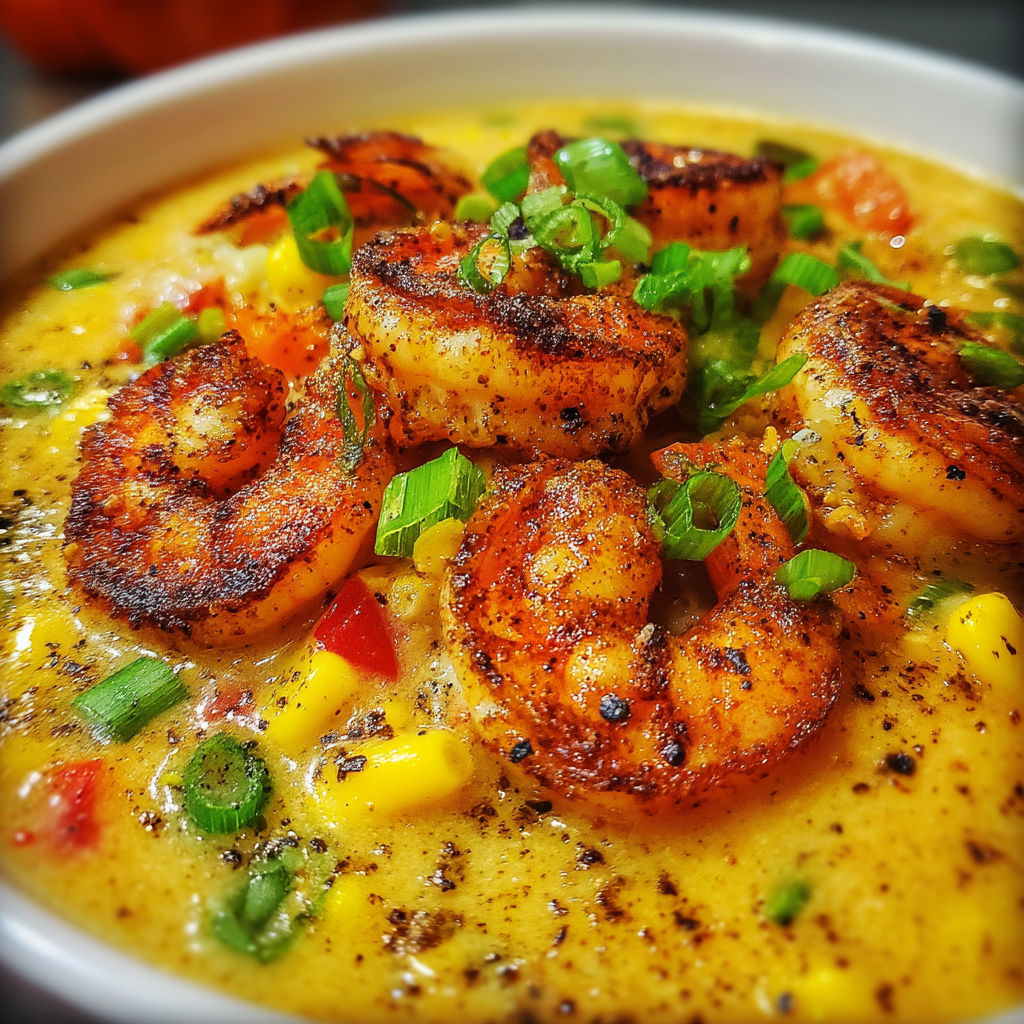 A bowl of blackened shrimp and corn chowder.