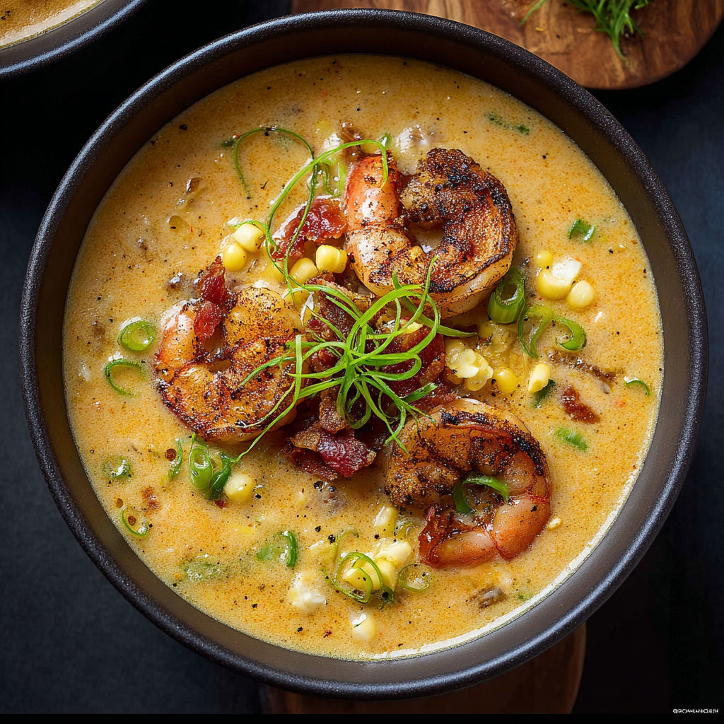 A bowl of blackened shrimp and corn chowder.