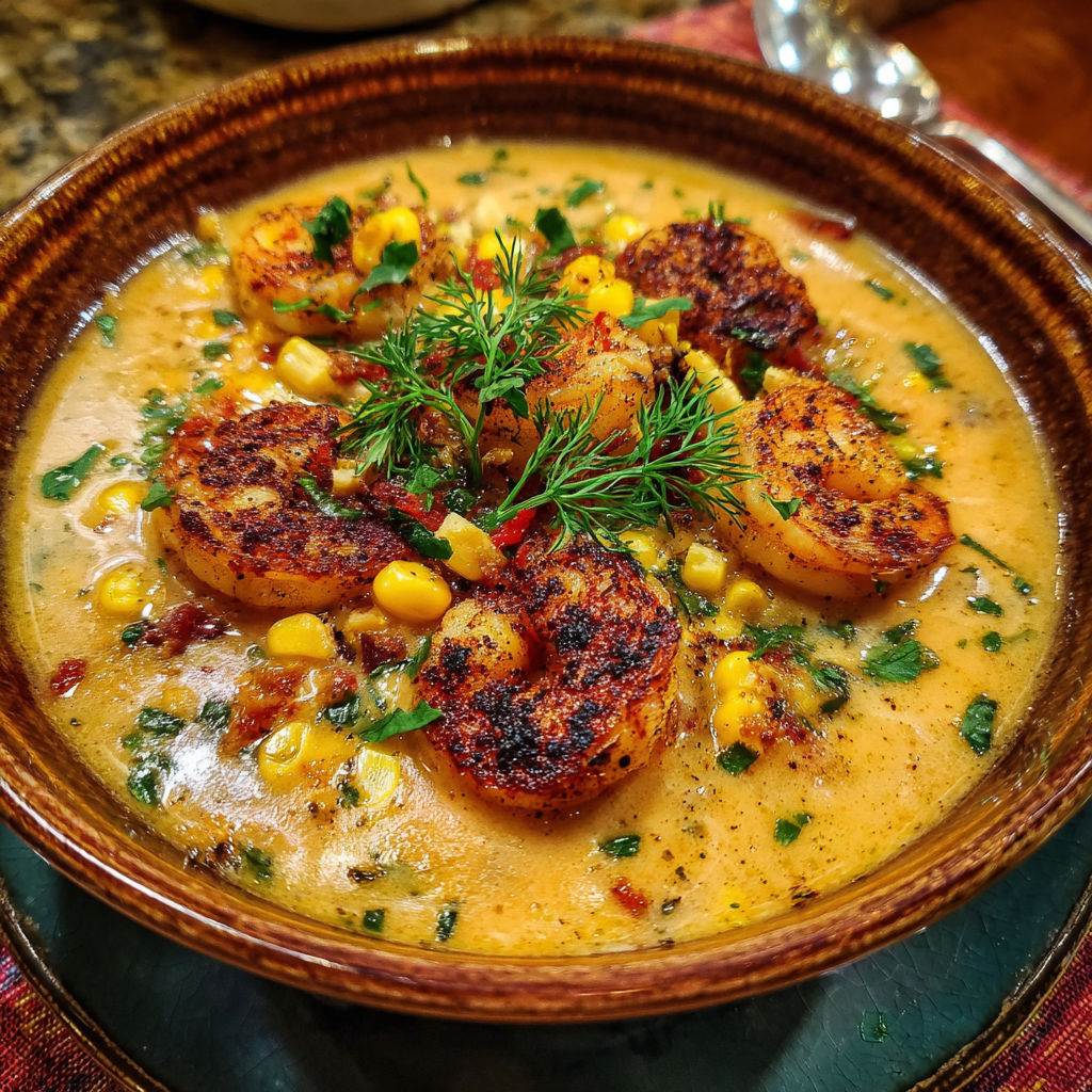 A bowl of blackened shrimp and corn chowder.