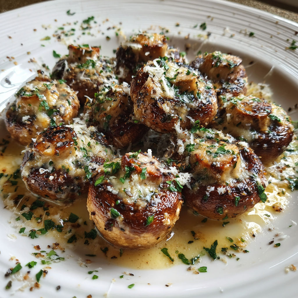 A plate of mushrooms covered in cheese and herbs.
