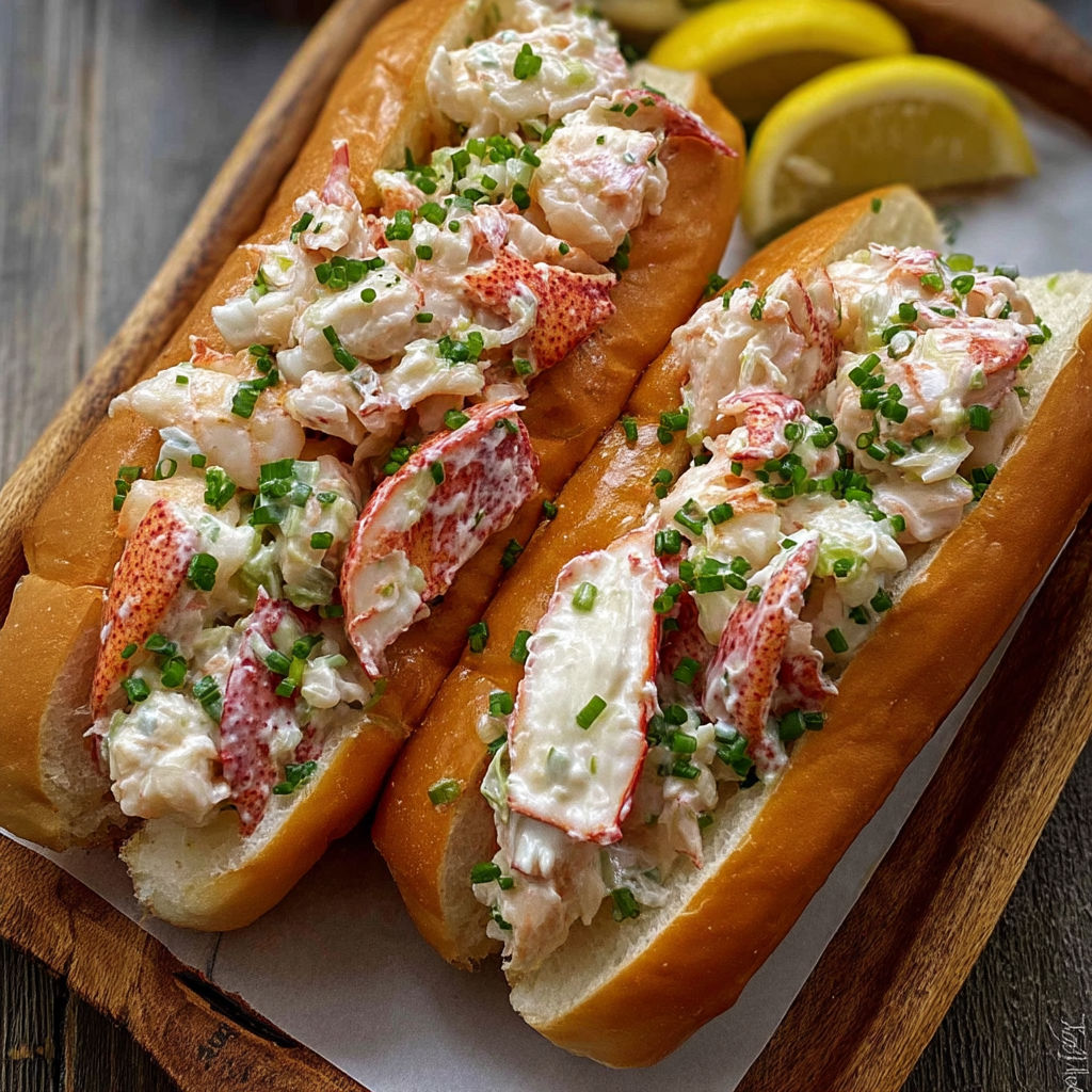 Two lobster rolls on a wooden tray.