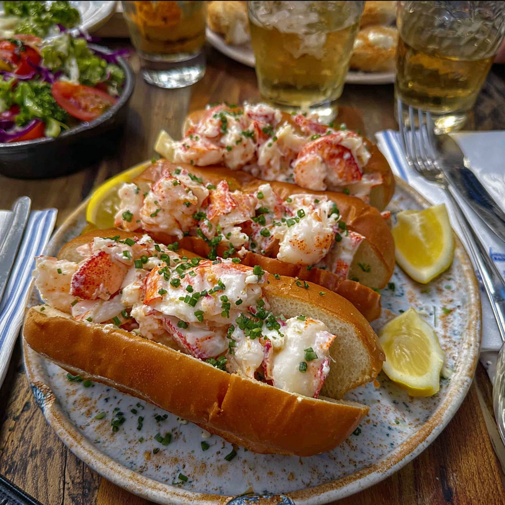 A plate of lobster rolls with lemon wedges.