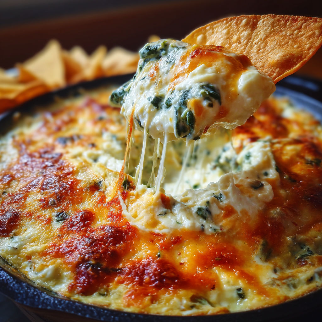A spinach queso dip with a spoon in it.