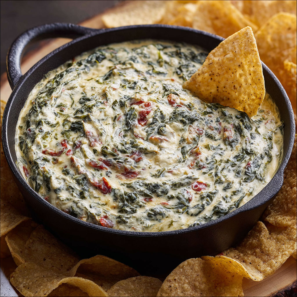 A bowl of spinach queso dip with chips.