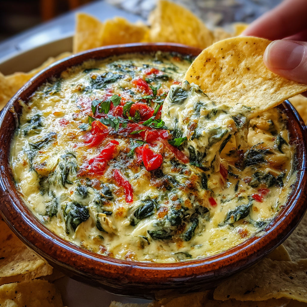 A person is holding a chip over a bowl of spinach queso dip.