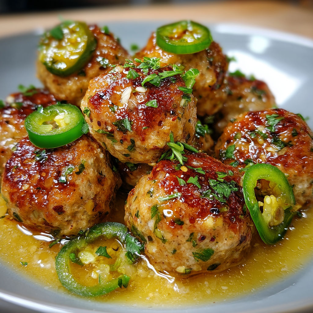 A plate of meatballs with jalapenos on top.