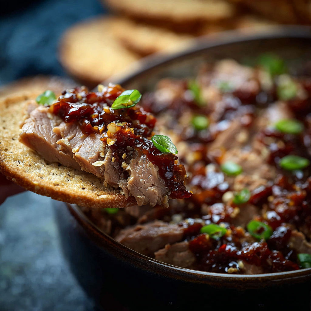 A person is holding a piece of bread with meat and sauce on it.