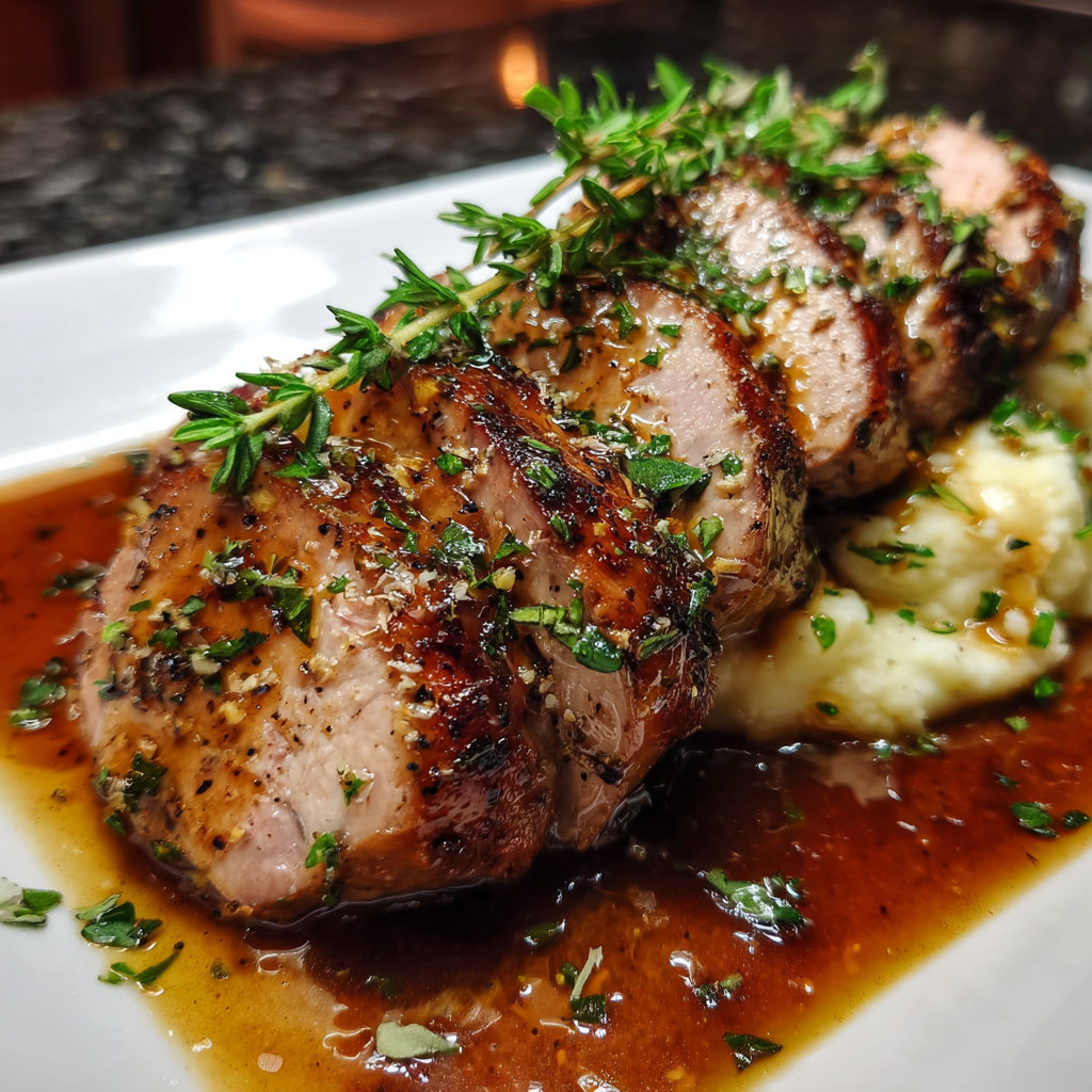 Maple Dijon beef tenderloin with mashed potatoes and herbs.