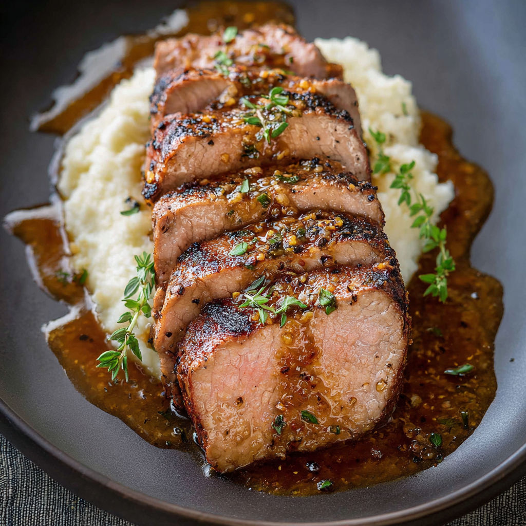 A piece of meat with a brown sauce on it.