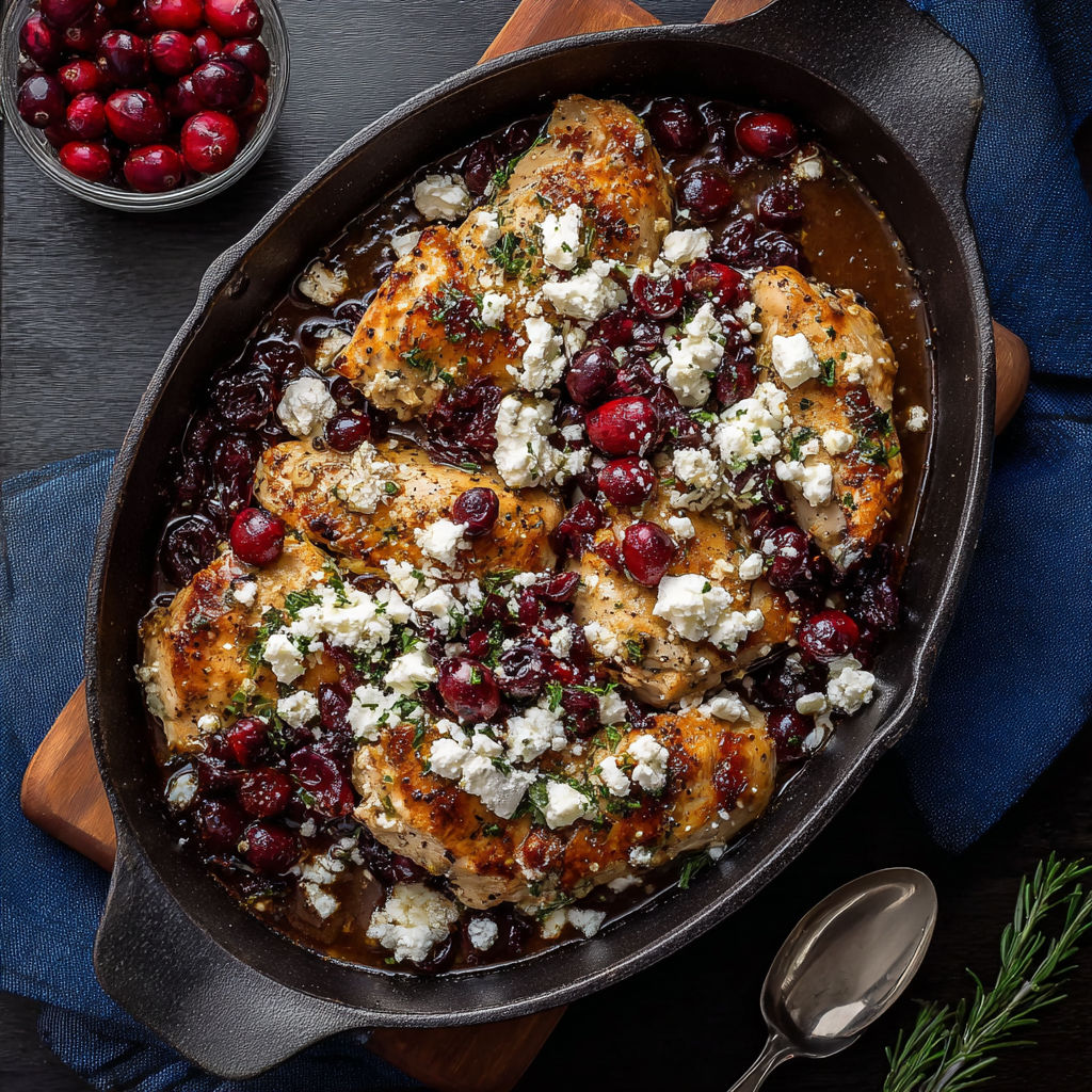 A pan of chicken with blue cheese and cherries.