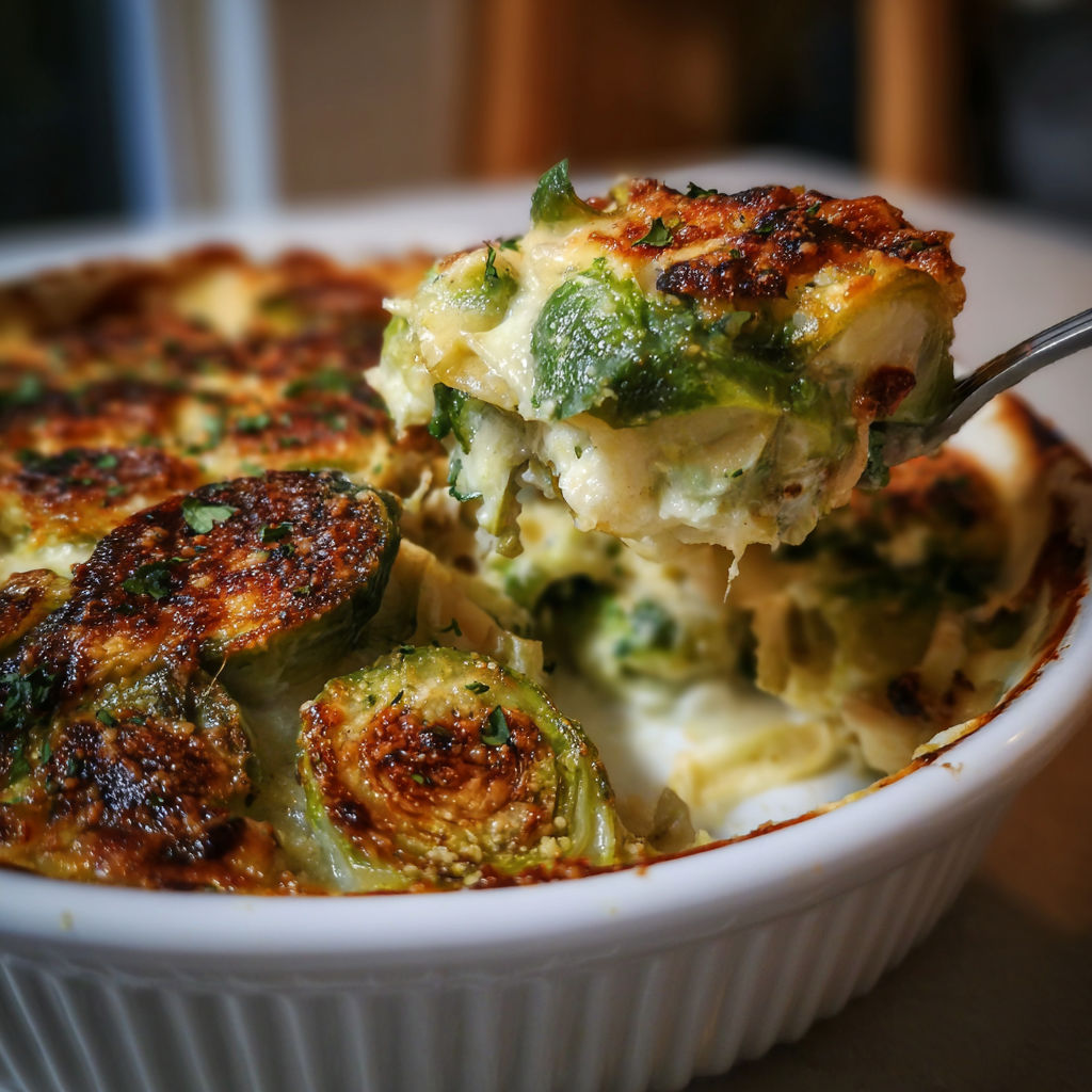 A close up of a Brussels sprouts gratin.