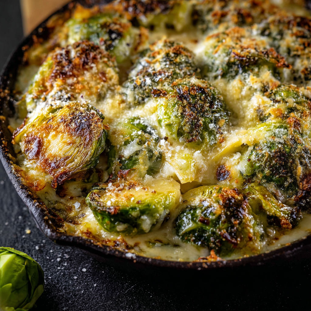A dish of Brussels sprouts gratin.