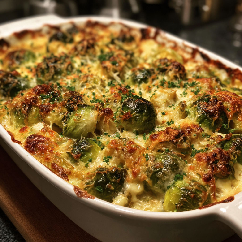 A dish of Brussels sprouts gratin.