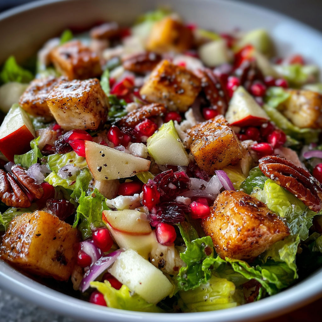 A bowl of chopped salad with apples, onions, and other vegetables.