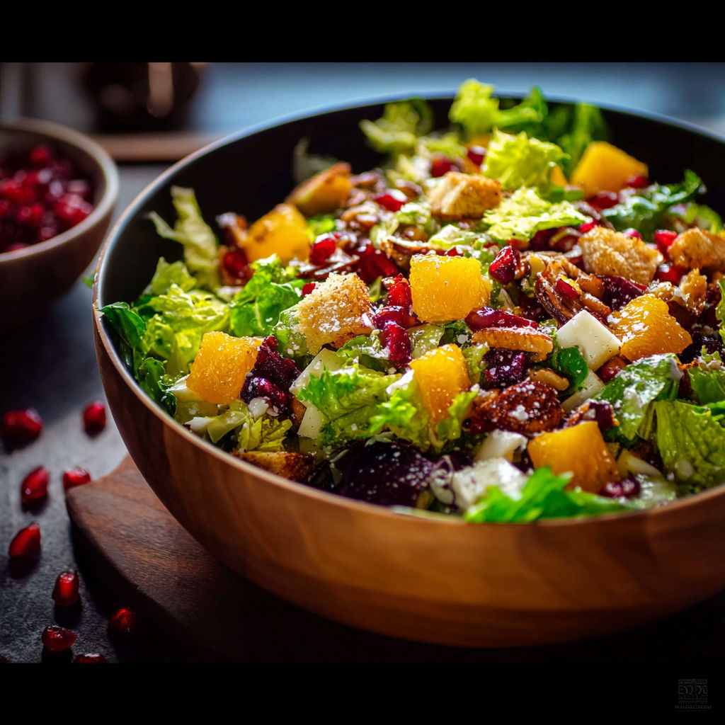 A bowl of salad with lettuce, tomatoes, and other vegetables.