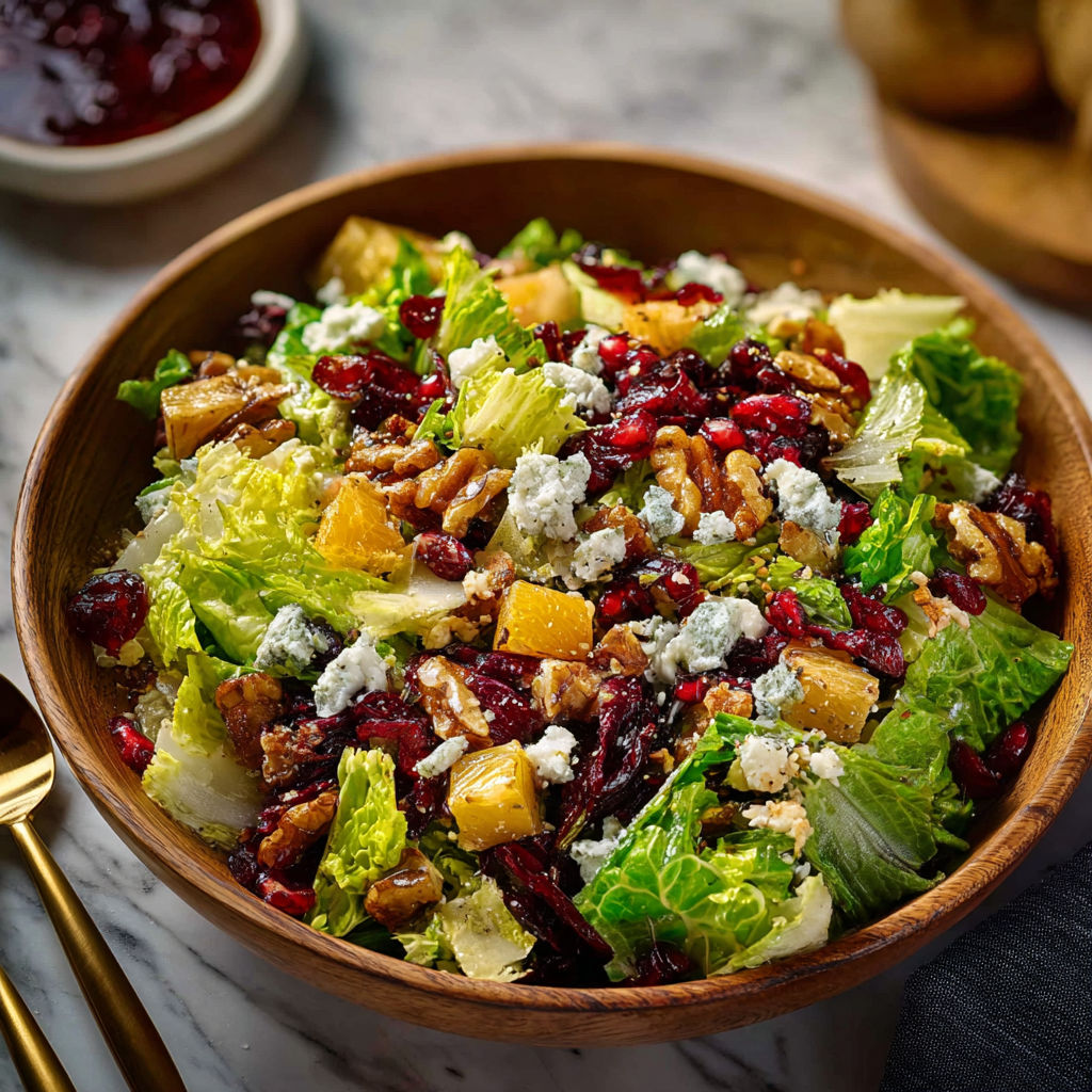 A bowl of salad with lettuce, nuts, and fruit.