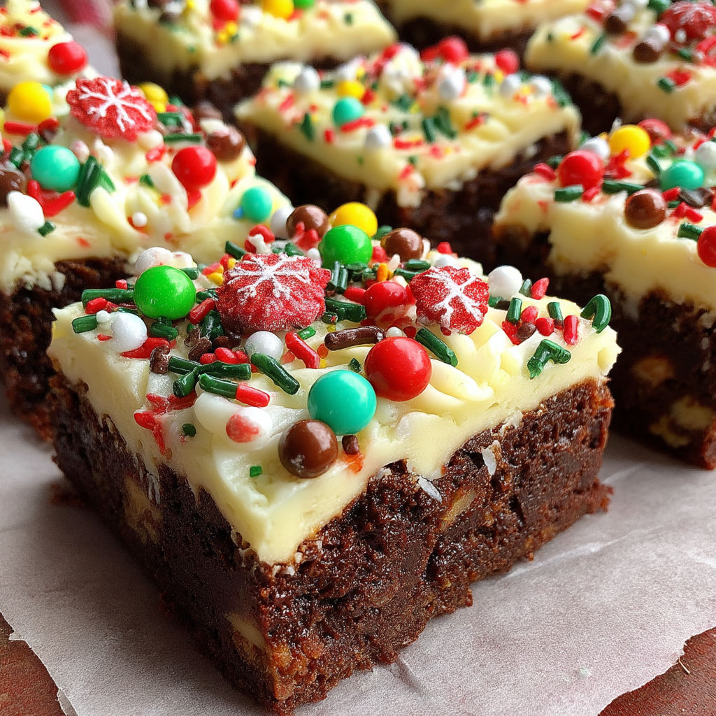 A close up of a chocolate dessert with a white frosting and green and red sprinkles.