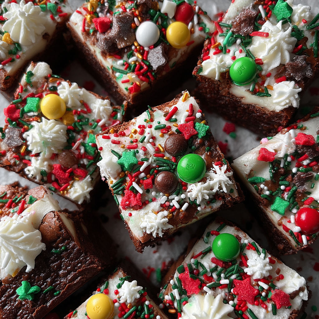 A close up of a cake with green and red sprinkles.
