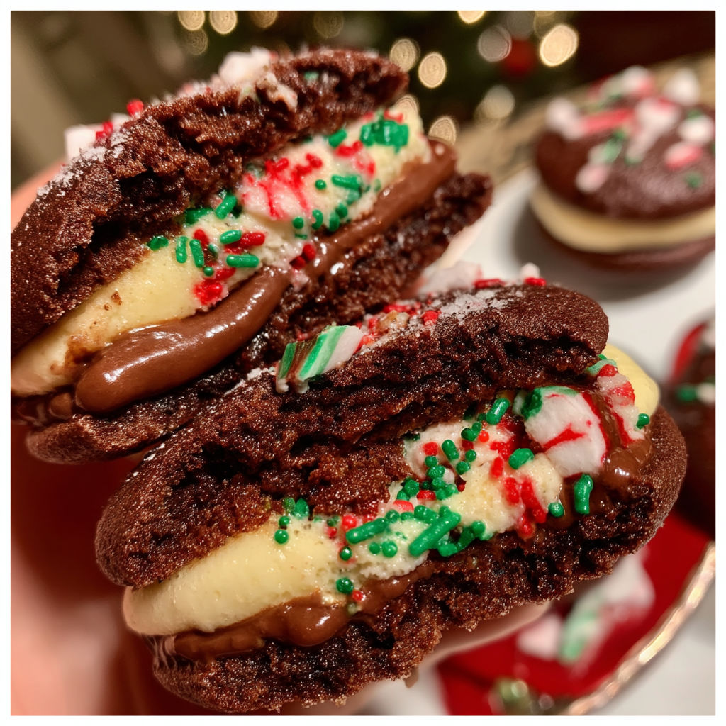 Two chocolate cookies with white icing and marshmallows.