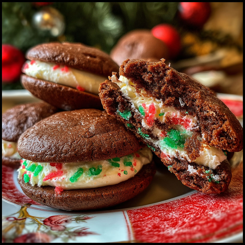 A plate of Christmas Whoopie Pies with marshmallow filling.