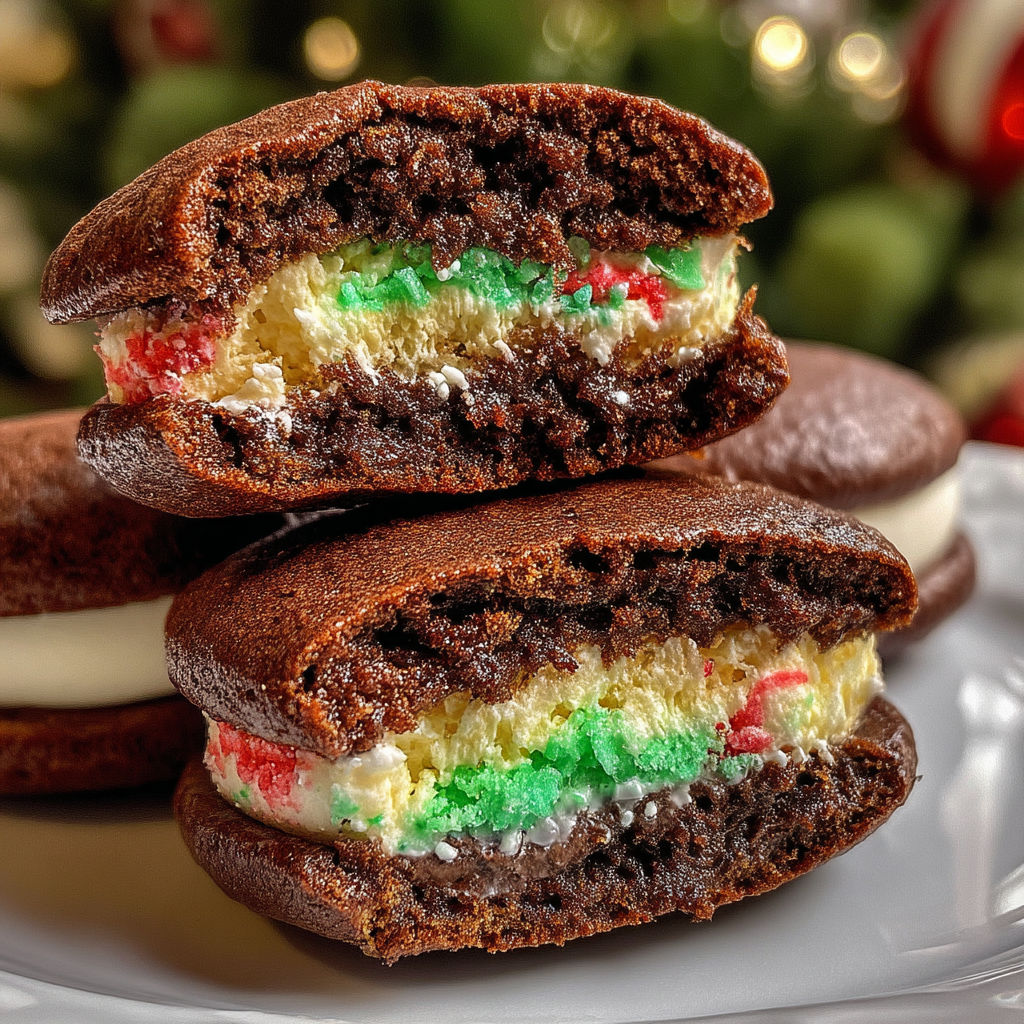 Two chocolate and white cookies with marshmallow filling.