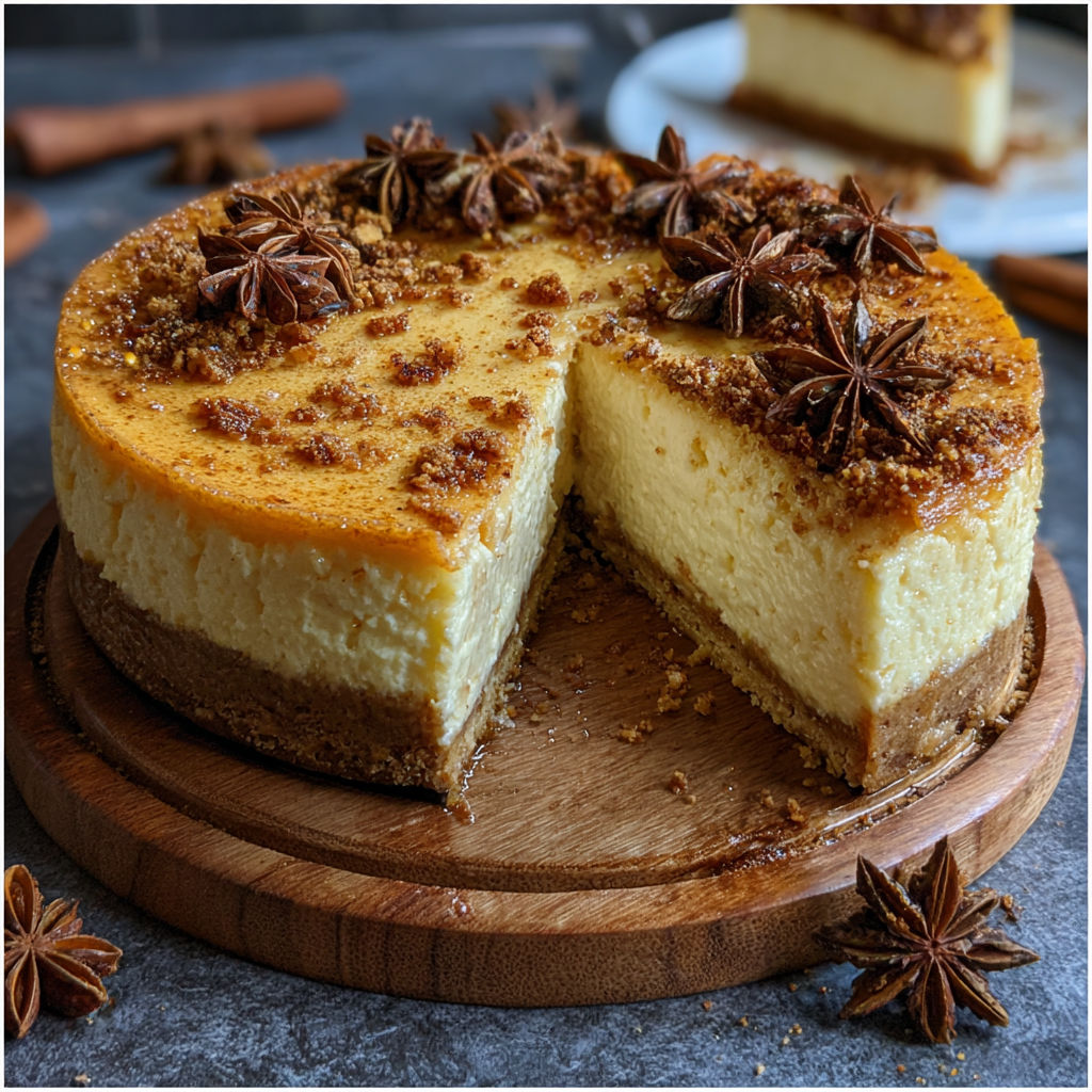 A slice of eggnog cheesecake with rum and spices.