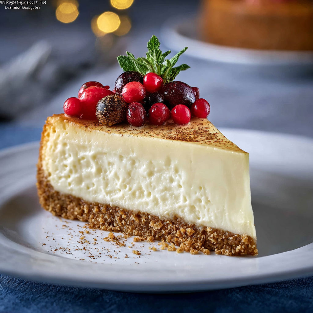 A slice of eggnog cheesecake with rum and spices.