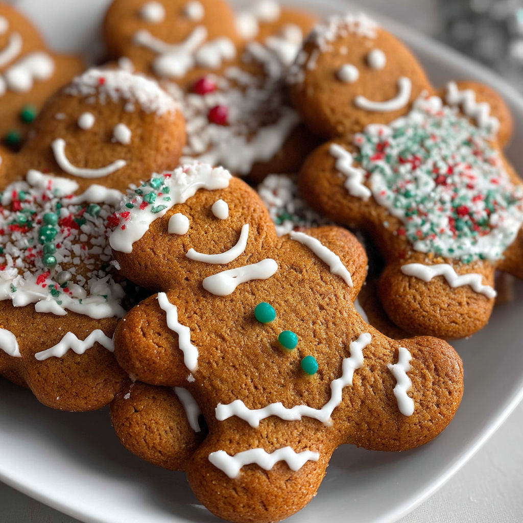 A plate of gingerbread cookies with smiley faces on them.